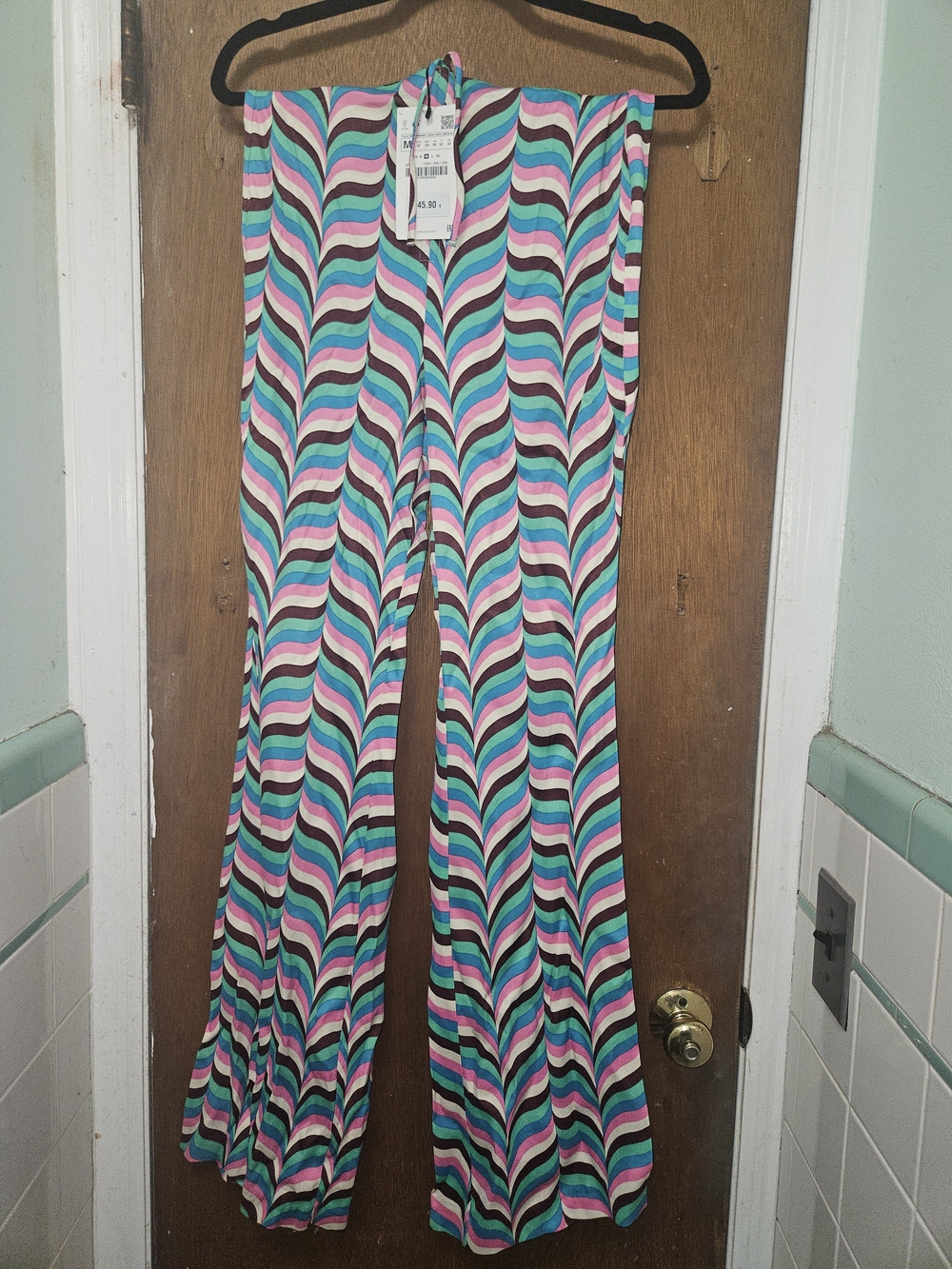 Zara Multicolor Wavy-Stripe Wide-Leg Pants — Teal, Pink & Black